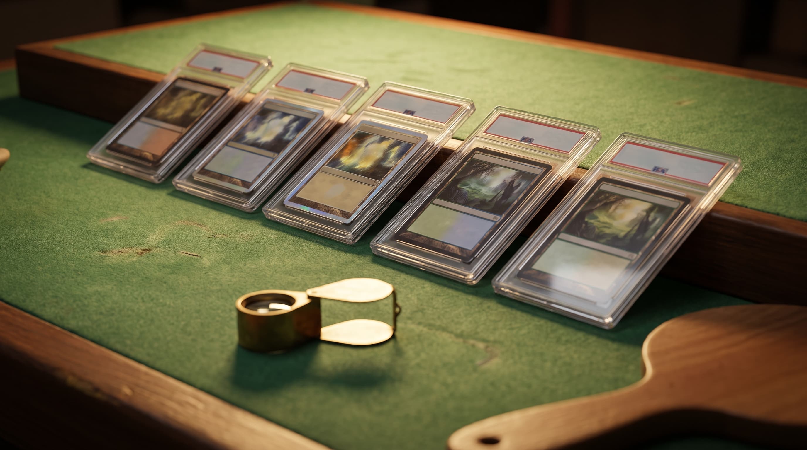 A row of graded trading-card slabs stands on a wood riser atop green felt, lit by warm lamplight, with a magnifying loupe nearby and the blurred edge of an auction paddle in the foreground.