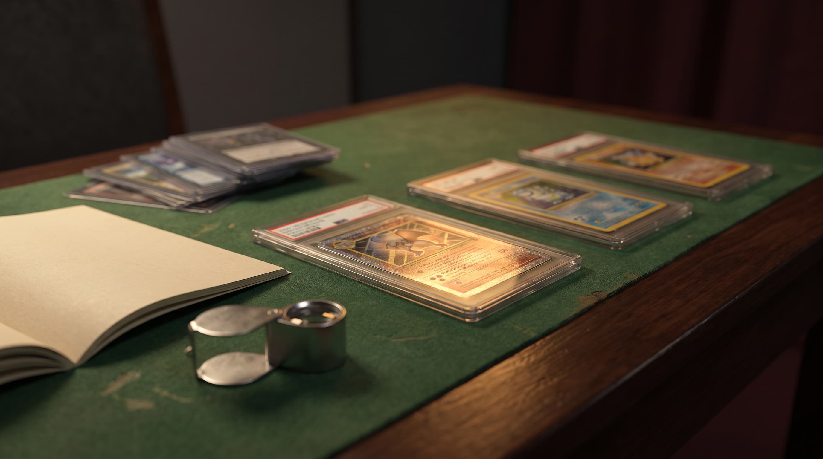 Three graded card slabs angled under warm lamp light on a dark wood table, with a loupe and fanned catalog pages beside them.