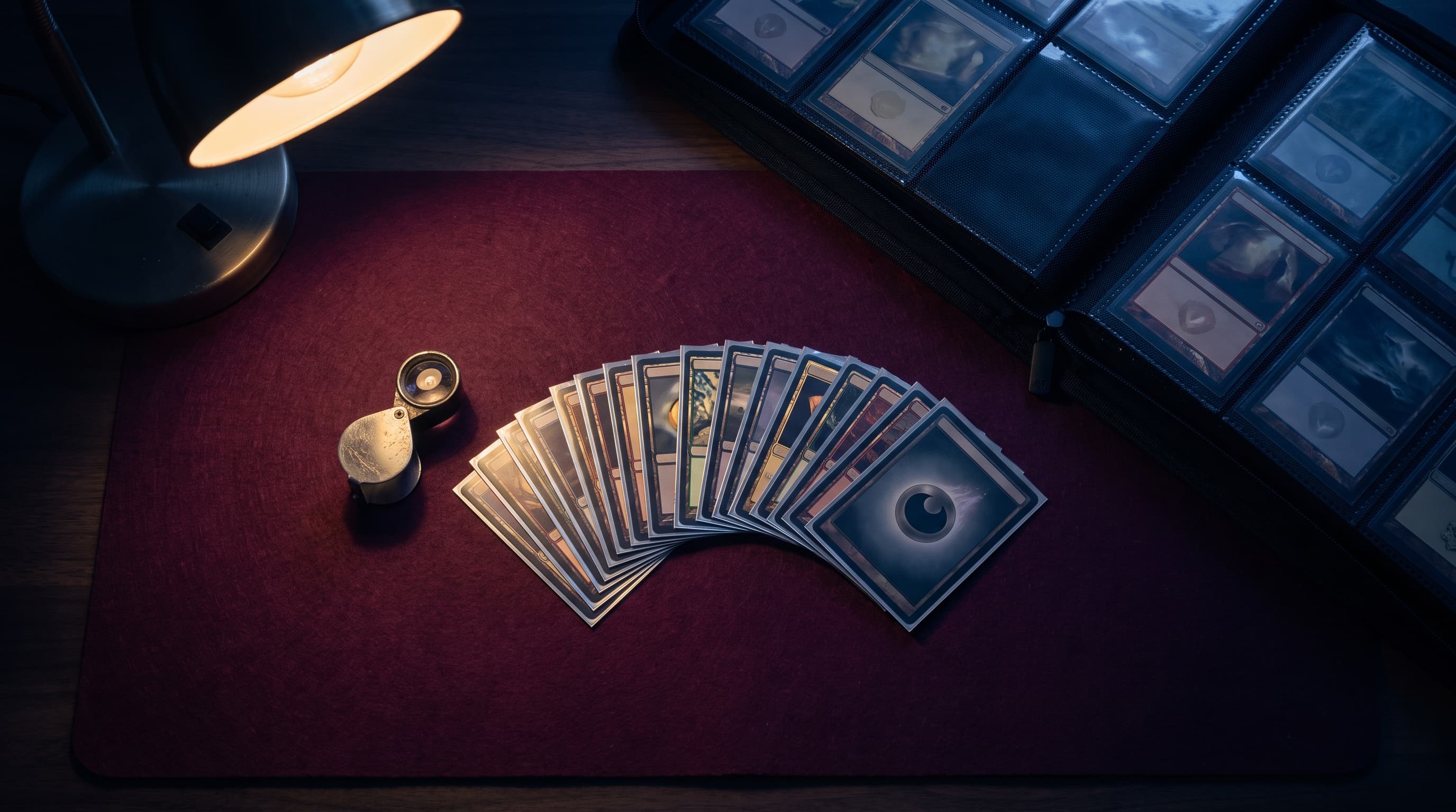 A loupe and a fan of foil-edged trading cards lit by a single desk lamp on a dark felt mat, with a sleeved binder page visible in shadow at the edge of the frame.